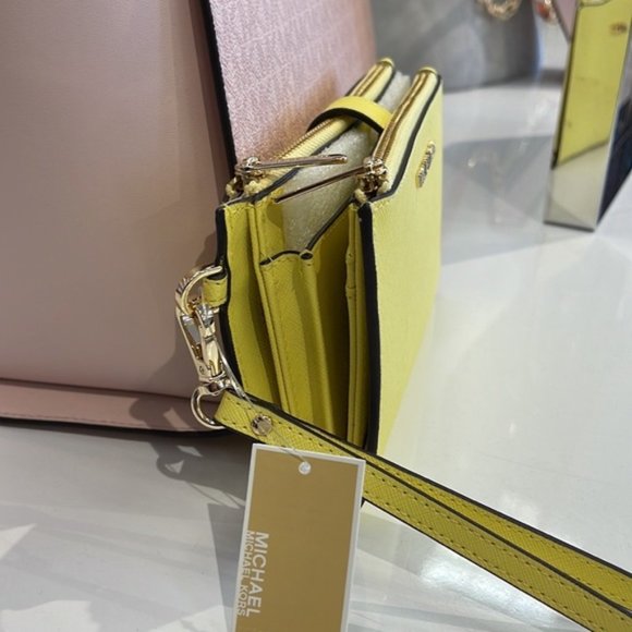 Michael Kors Jet Set Travel Large Double Zip Leather Wristlet Sunshine Yellow - Picture 11 of 16